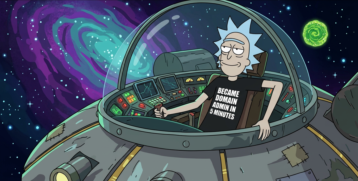 rick sanchez cruising space in a t-shirt reading became domain admin in 5 minutes