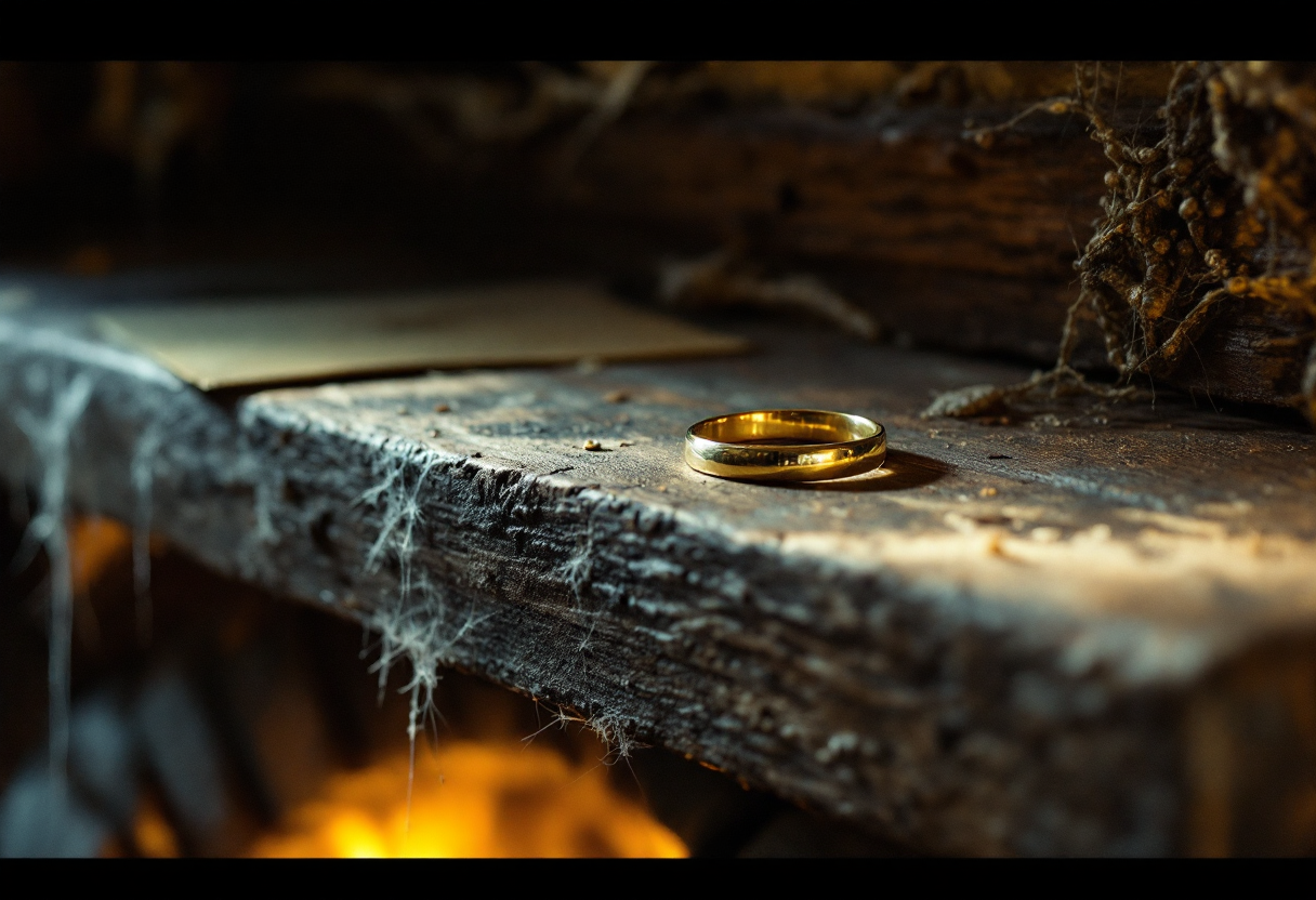 a plain gold ring sitting on a dusty mantelpiece
