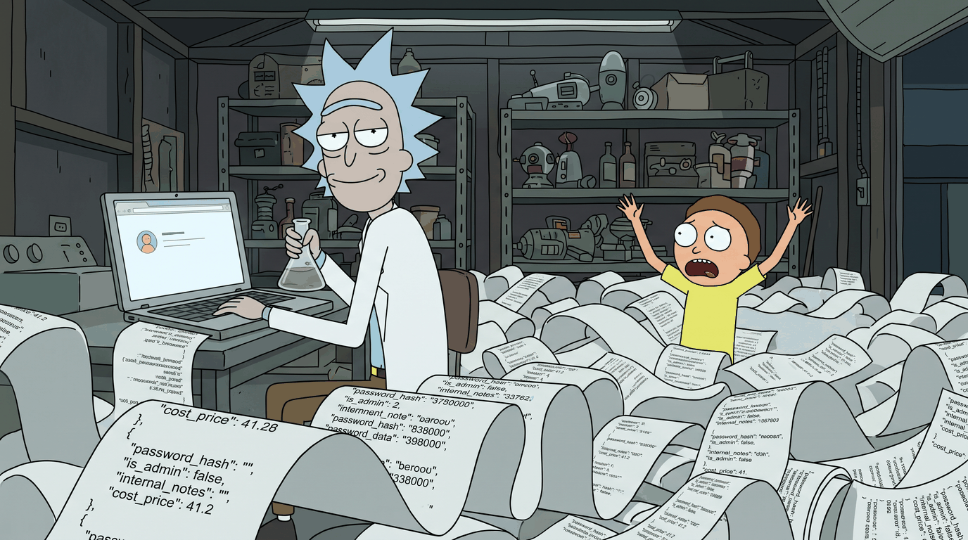 rick at a laptop whose screen shows an almost empty profile page, while the same laptop floods the garage with printer paper reading password_hash, is_admin and internal_notes, morty waist-deep in it
