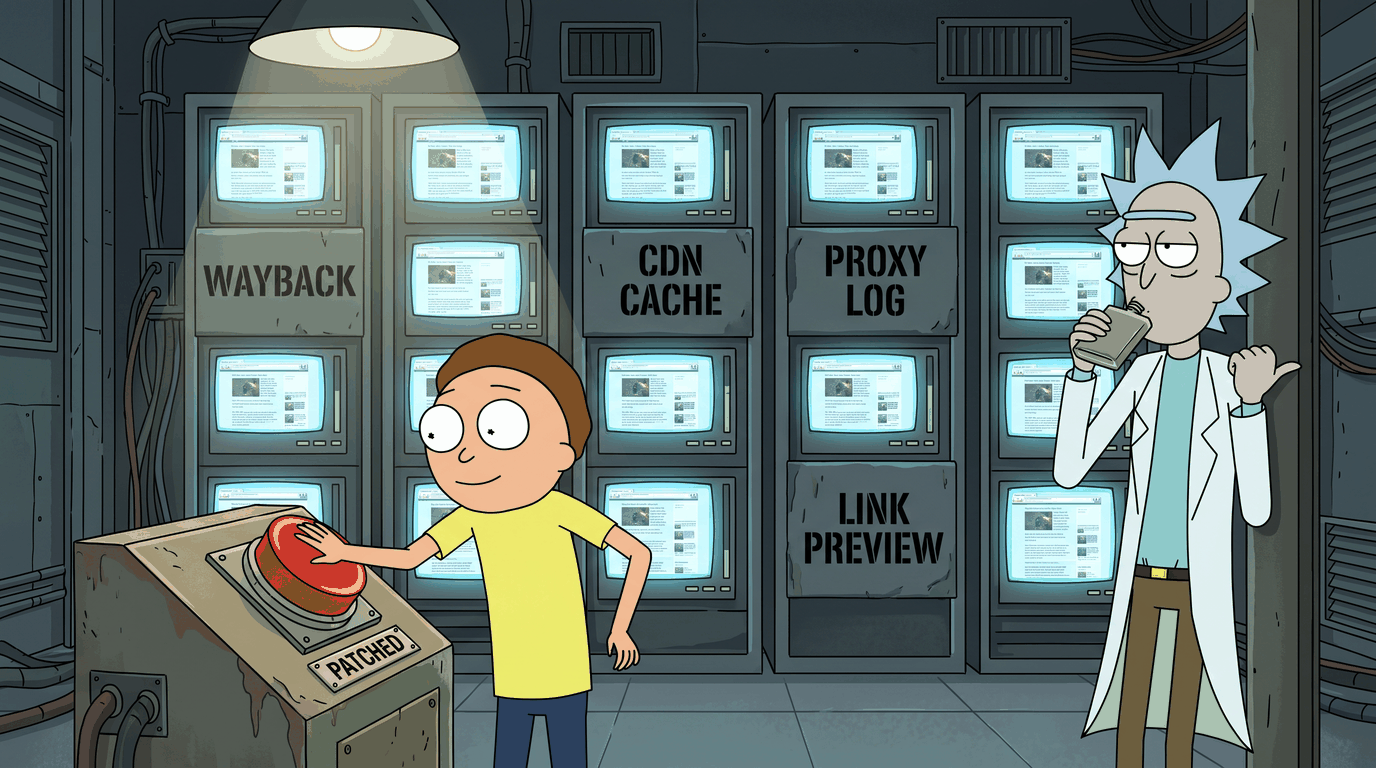 morty pressing a big red patched button while a wall of servers behind him labelled wayback, cdn cache, proxy log and link preview still shows the old page